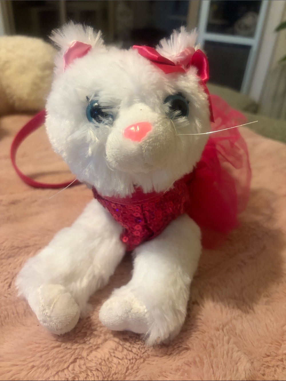 Plush White Kitty Toy with Hot Pink Sequin Dress and Bow Purse